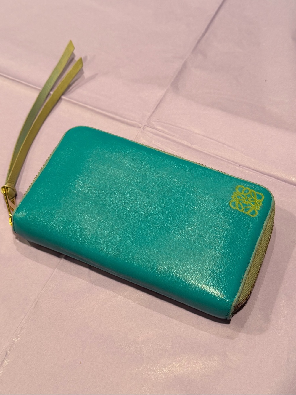 Loewe Teal Zip-Around Leather Wallet with Gold Logo Lime Accents